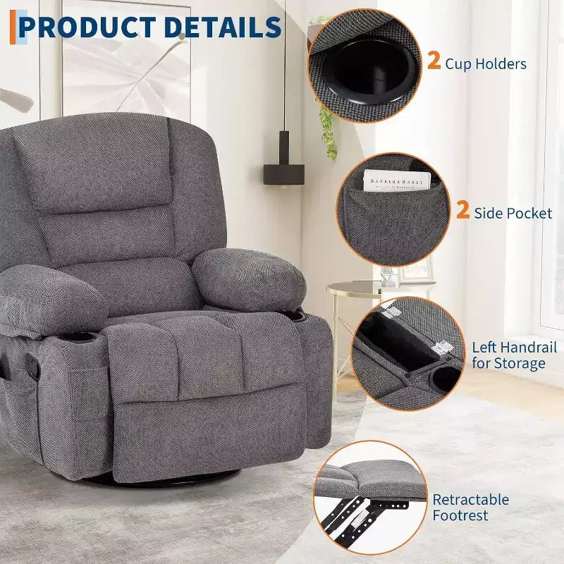 Poltrona Reclinabile per Adulti con Massaggio e Riscaldamento, Girevole a 360°, Recliner Manuale Extra Largo, Poltrona in Tessuto Chenille per Soggiorno