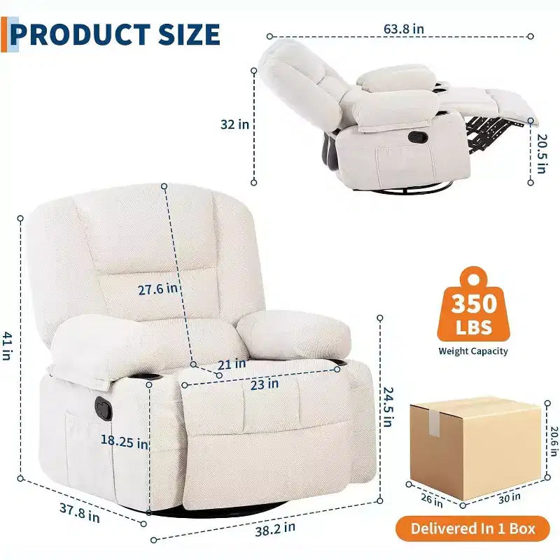 Poltrona Reclinabile per Adulti con Massaggio e Riscaldamento, Girevole a 360°, Recliner Manuale Extra Largo, Poltrona in Tessuto Chenille per Soggiorno