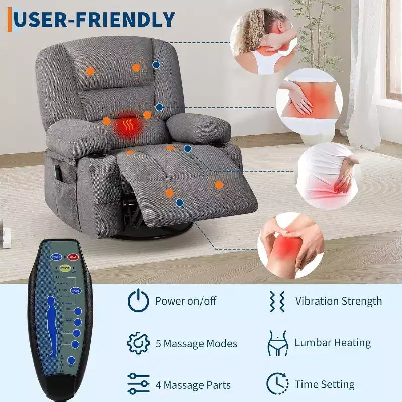 Poltrona Reclinabile per Adulti con Massaggio e Riscaldamento, Girevole a 360°, Recliner Manuale Extra Largo, Poltrona in Tessuto Chenille per Soggiorno