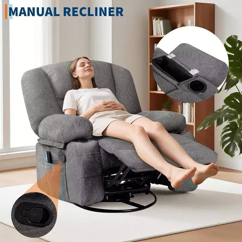 Poltrona Reclinabile per Adulti con Massaggio e Riscaldamento, Girevole a 360°, Recliner Manuale Extra Largo, Poltrona in Tessuto Chenille per Soggiorno