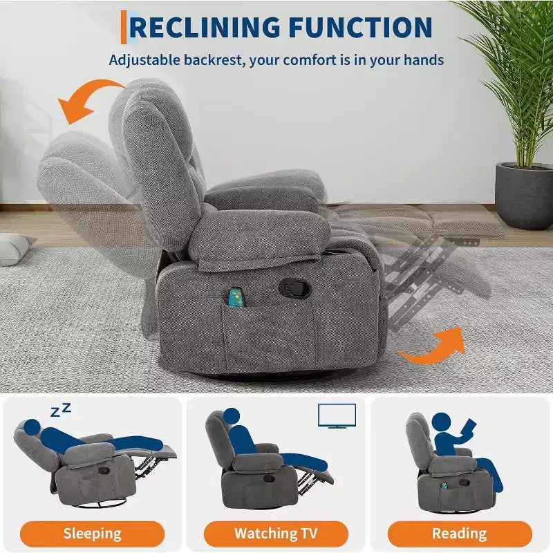 Poltrona Reclinabile per Adulti con Massaggio e Riscaldamento, Girevole a 360°, Recliner Manuale Extra Largo, Poltrona in Tessuto Chenille per Soggiorno