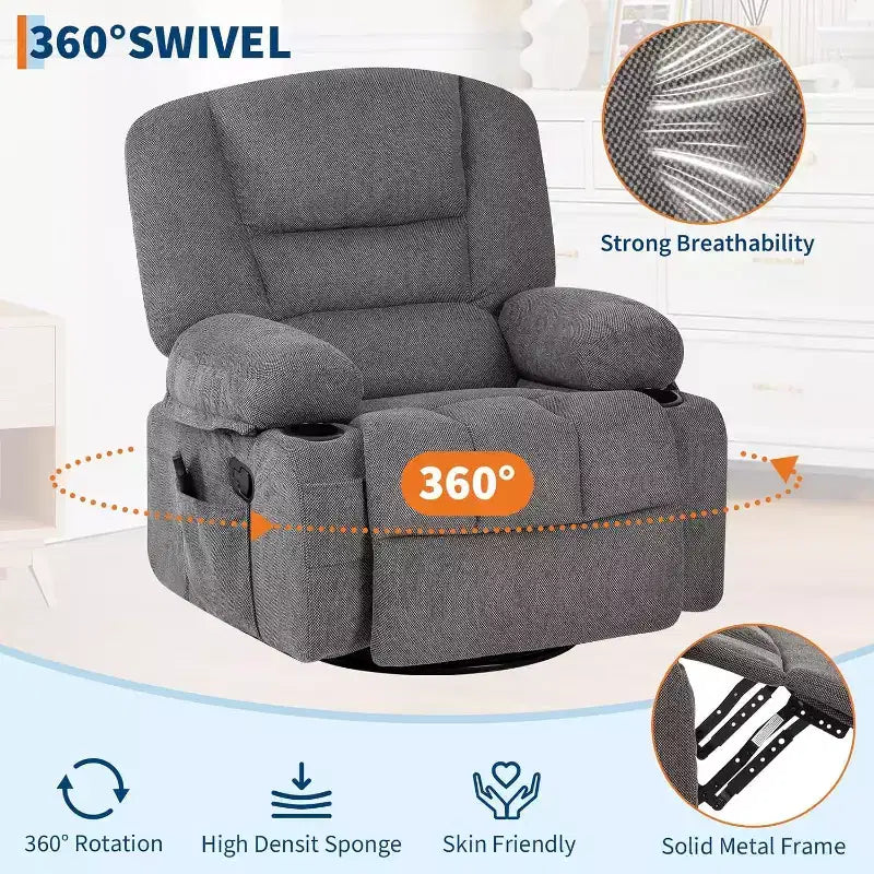 Poltrona Reclinabile per Adulti con Massaggio e Riscaldamento, Girevole a 360°, Recliner Manuale Extra Largo, Poltrona in Tessuto Chenille per Soggiorno