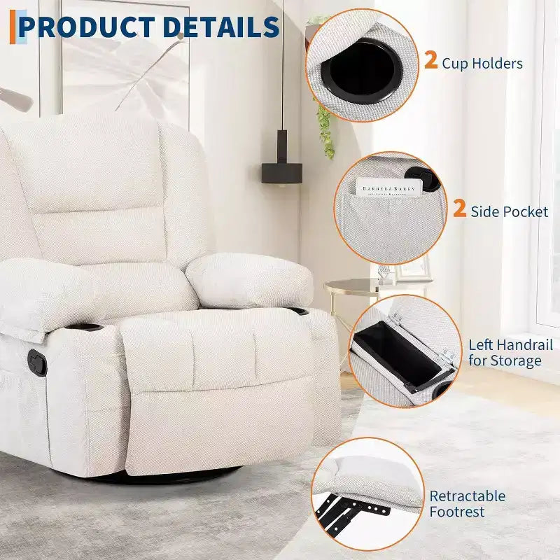 Poltrona Reclinabile per Adulti con Massaggio e Riscaldamento, Girevole a 360°, Recliner Manuale Extra Largo, Poltrona in Tessuto Chenille per Soggiorno