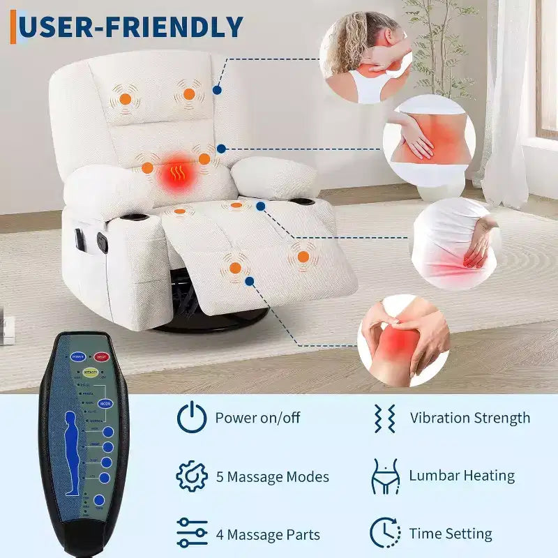 Poltrona Reclinabile per Adulti con Massaggio e Riscaldamento, Girevole a 360°, Recliner Manuale Extra Largo, Poltrona in Tessuto Chenille per Soggiorno