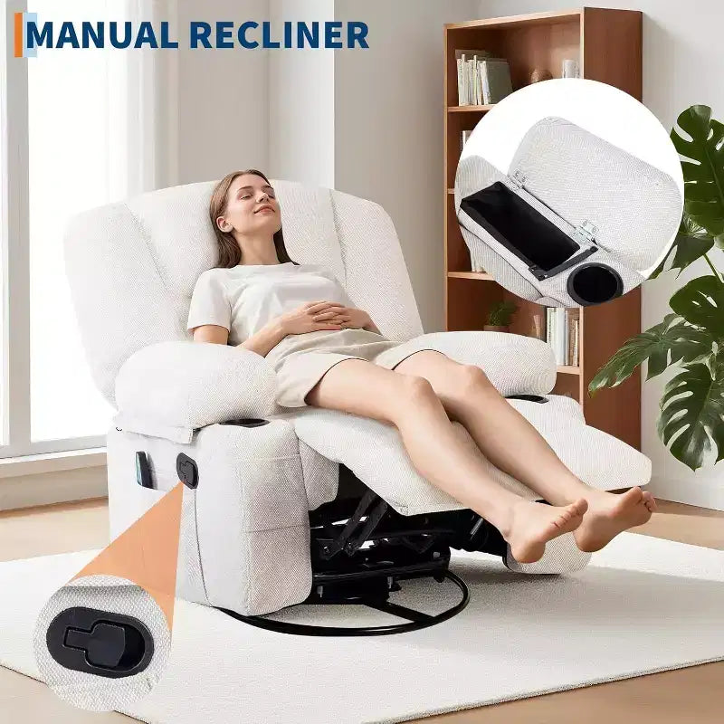 Poltrona Reclinabile per Adulti con Massaggio e Riscaldamento, Girevole a 360°, Recliner Manuale Extra Largo, Poltrona in Tessuto Chenille per Soggiorno