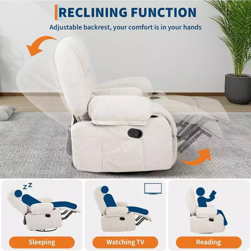 Poltrona Reclinabile per Adulti con Massaggio e Riscaldamento, Girevole a 360°, Recliner Manuale Extra Largo, Poltrona in Tessuto Chenille per Soggiorno