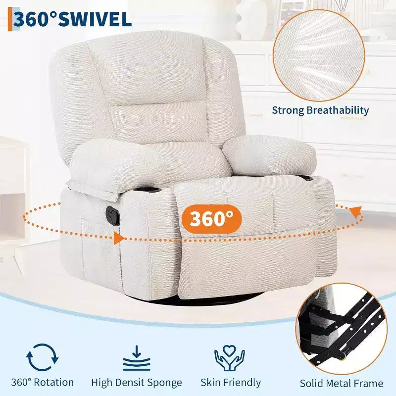 Poltrona Reclinabile per Adulti con Massaggio e Riscaldamento, Girevole a 360°, Recliner Manuale Extra Largo, Poltrona in Tessuto Chenille per Soggiorno