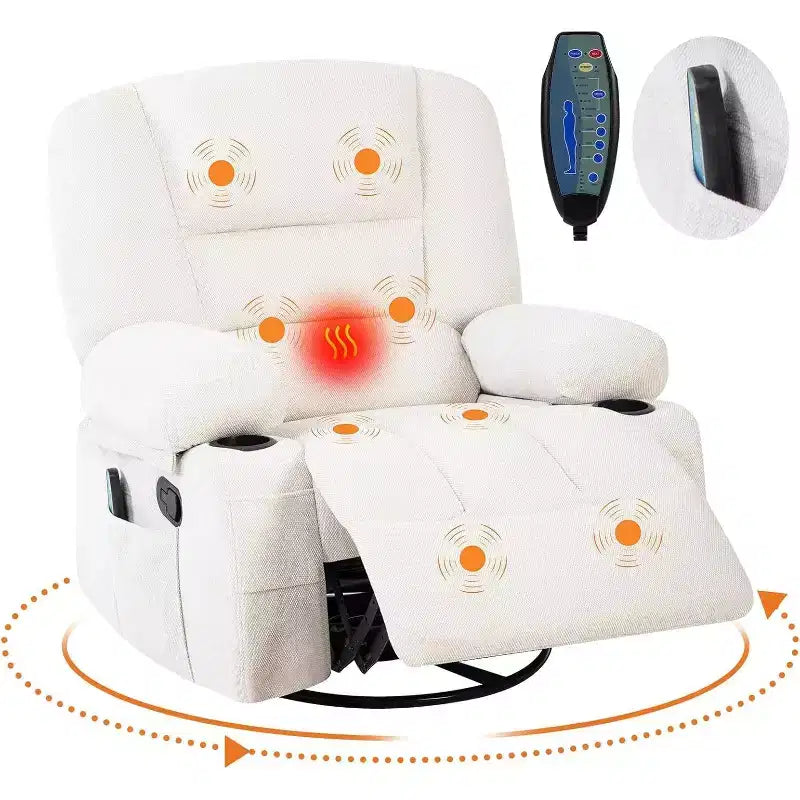 Poltrona Reclinabile per Adulti con Massaggio e Riscaldamento, Girevole a 360°, Recliner Manuale Extra Largo, Poltrona in Tessuto Chenille per Soggiorno