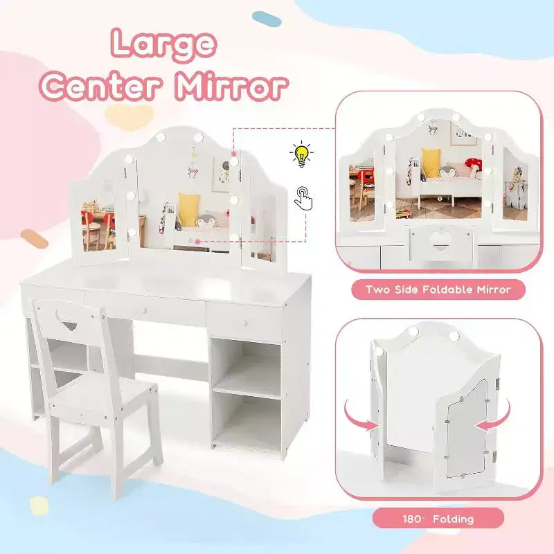 Set Toeletta per Bambini Acekool con Specchio a Tre Ante Rimovibile, Cassetti e Ripiani Contenitori, Scrivania Trucco e Sedia per Camera da Letto per Ragazze
