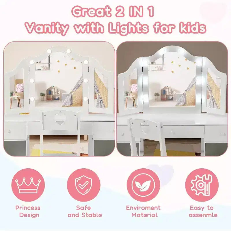 Set Toeletta per Bambini Acekool con Specchio a Tre Ante Rimovibile, Cassetti e Ripiani Contenitori, Scrivania Trucco e Sedia per Camera da Letto per Ragazze