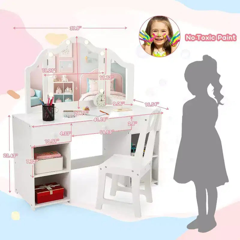 Set Toeletta per Bambini Acekool con Specchio a Tre Ante Rimovibile, Cassetti e Ripiani Contenitori, Scrivania Trucco e Sedia per Camera da Letto per Ragazze