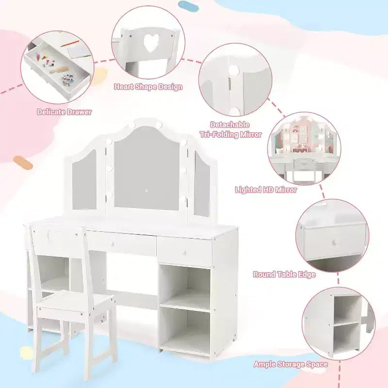 Set Toeletta per Bambini Acekool con Specchio a Tre Ante Rimovibile, Cassetti e Ripiani Contenitori, Scrivania Trucco e Sedia per Camera da Letto per Ragazze
