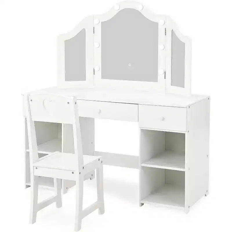 Set Toeletta per Bambini Acekool con Specchio a Tre Ante Rimovibile, Cassetti e Ripiani Contenitori, Scrivania Trucco e Sedia per Camera da Letto per Ragazze