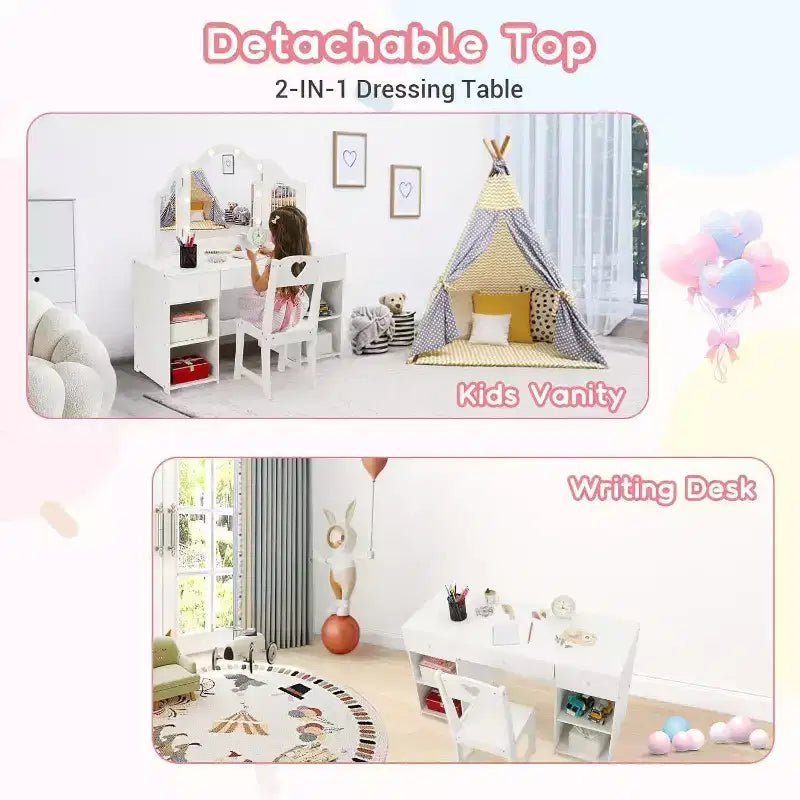 Set Toeletta per Bambini Acekool con Specchio a Tre Ante Rimovibile, Cassetti e Ripiani Contenitori, Scrivania Trucco e Sedia per Camera da Letto per Ragazze