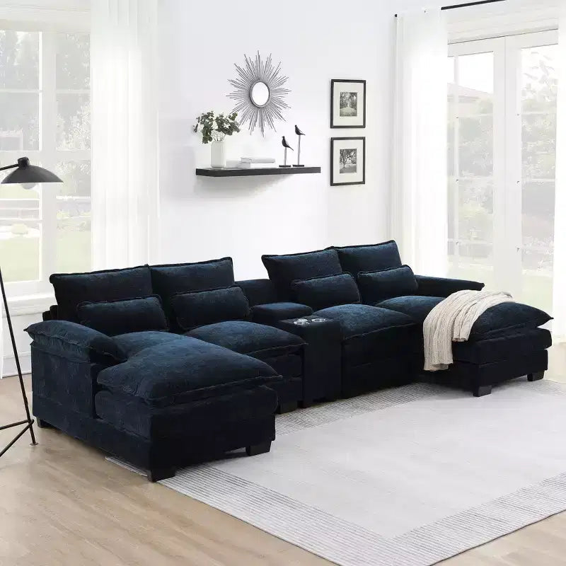 Divano componibile a U moderno GDFStudio Parker 123 in ciniglia con console e doppia chaise longue