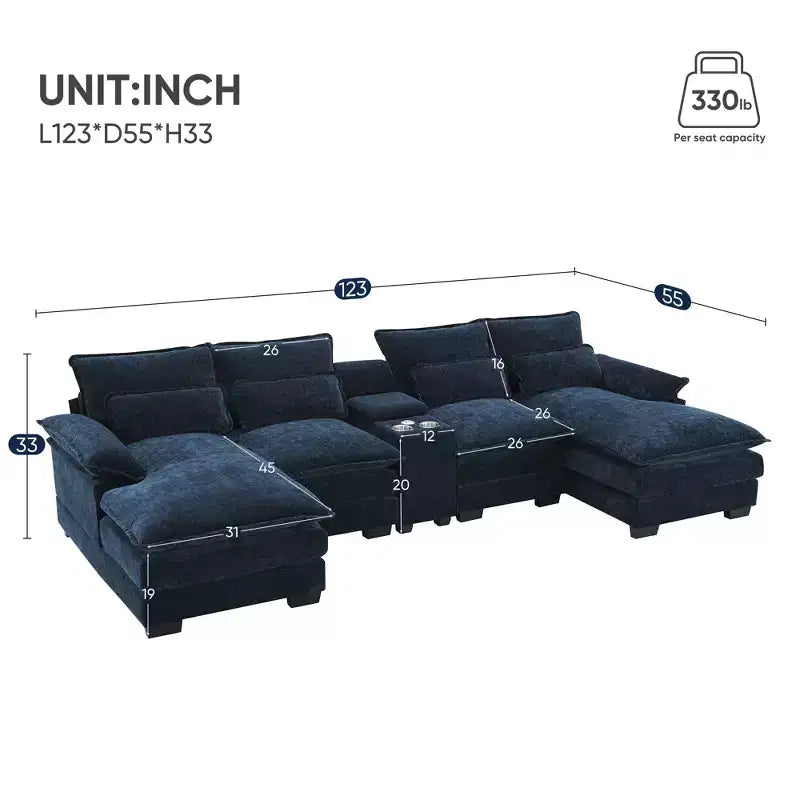 Divano componibile a U moderno GDFStudio Parker 123 in ciniglia con console e doppia chaise longue