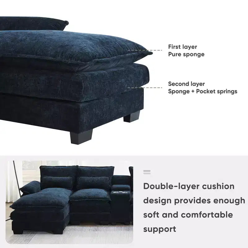 Divano componibile a U moderno GDFStudio Parker 123 in ciniglia con console e doppia chaise longue