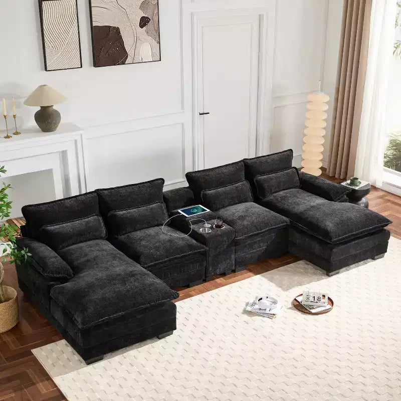 Divano componibile a U moderno GDFStudio Parker 123 in ciniglia con console e doppia chaise longue