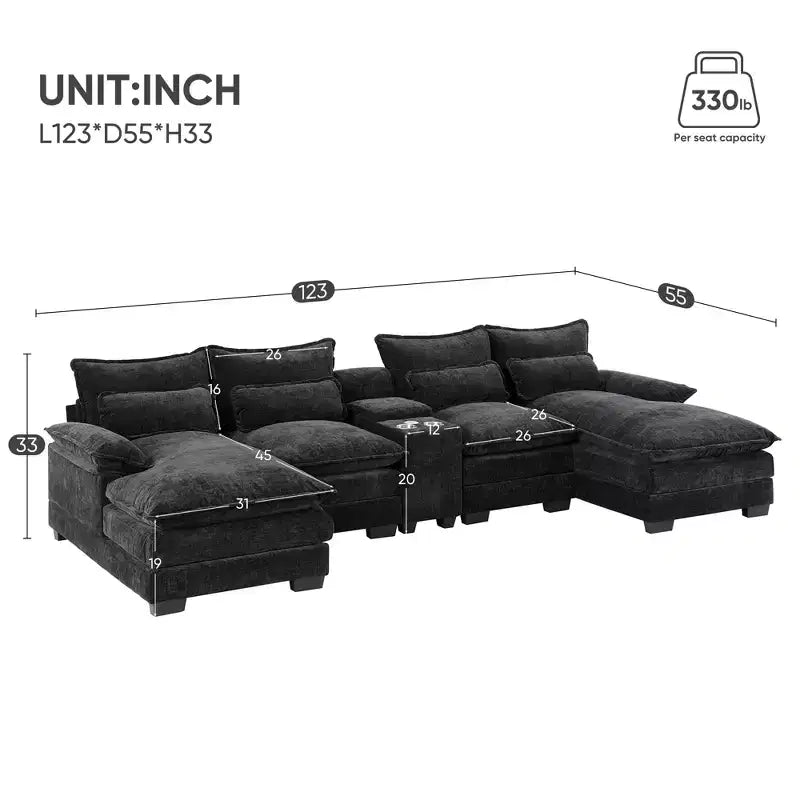 Divano componibile a U moderno GDFStudio Parker 123 in ciniglia con console e doppia chaise longue