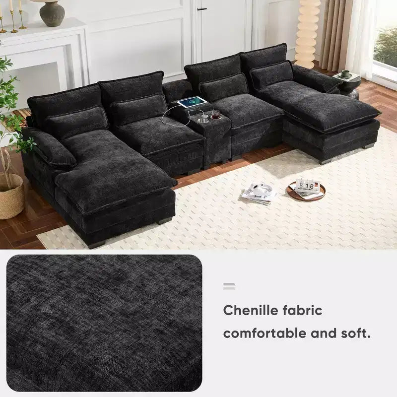 Divano componibile a U moderno GDFStudio Parker 123 in ciniglia con console e doppia chaise longue
