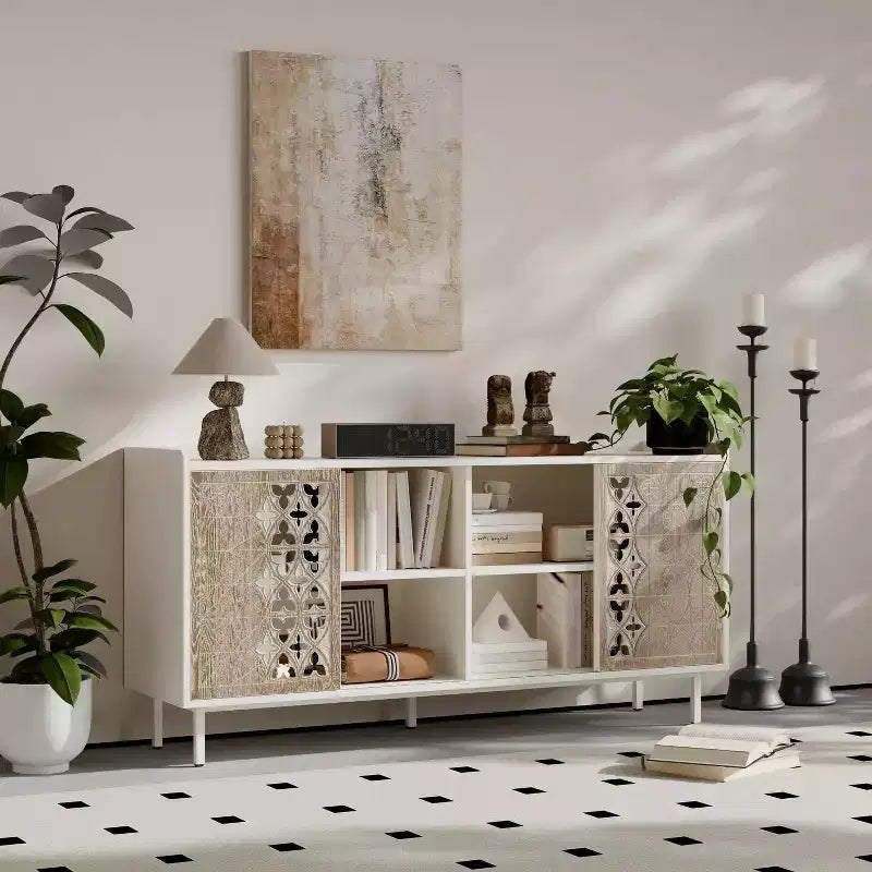 Credenza in Legno Massello Stile Medievale con Ante Scorrevoli, Perfetta come Mobile TV, Contenitore o Mobile Decorativo per il Soggiorno