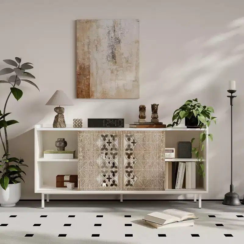 Credenza in Legno Massello Stile Medievale con Ante Scorrevoli, Perfetta come Mobile TV, Contenitore o Mobile Decorativo per il Soggiorno