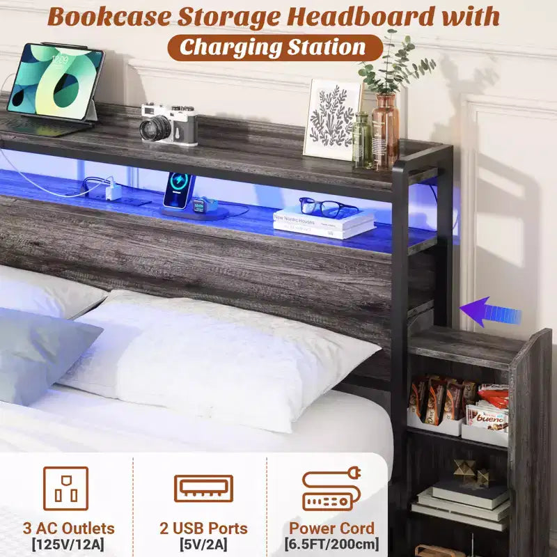 Besiost Letto a Piattaforma Completo con Libreria e Ripiani Laterali Estraibili, Stazione di Ricarica e Luce LED