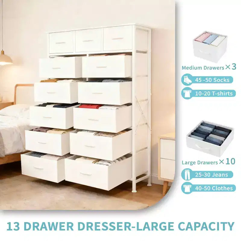 MAYEERTY Torre portaoggetti in tessuto a 13 cassetti, alta 144 cm, robusto mobile organizer