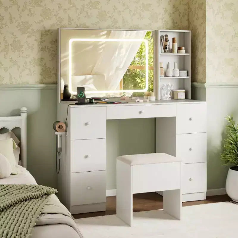 Okak Elegante Scrivania Toeletta con Specchio, Toeletta Trucco con Sgabello Imbottito con Contenitore, Tavolo da Trucco con Modalità Regolabile per Soggiorno, Bianco