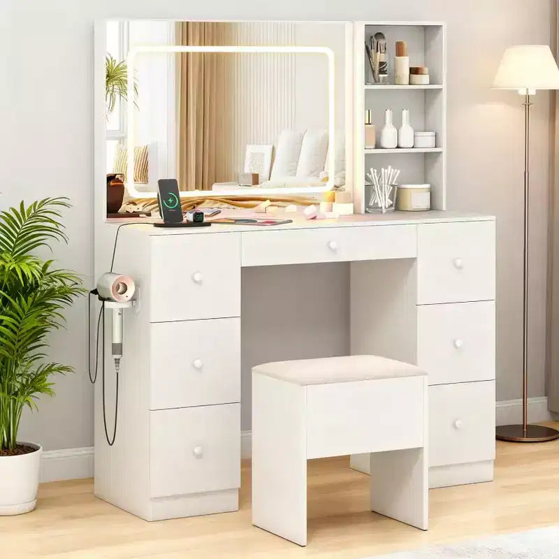 Okak Elegante Scrivania Toeletta con Specchio, Toeletta Trucco con Sgabello Imbottito con Contenitore, Tavolo da Trucco con Modalità Regolabile per Soggiorno, Bianco