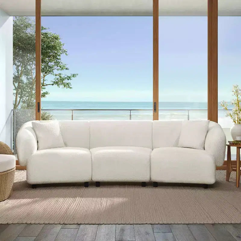 MAYEERTY Divano curvo contemporaneo a 3 posti beige da 250 cm, seduta imbottita, design aerodinamico, struttura resistente per spazi abitativi eleganti