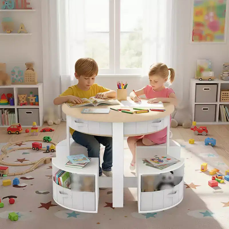 Set Tavolo e Sedie per Bambini, Tavolo Tondo per Attività con 4 Sgabelli Contenitore, Scrivania Nido Salvaspazio per Artigianato, Disegno, Lettura, Bambini e Bambine dai 3 Anni in su