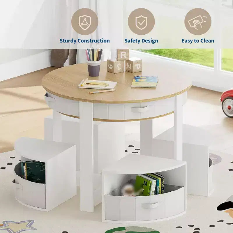 Set Tavolo e Sedie per Bambini, Tavolo Tondo per Attività con 4 Sgabelli Contenitore, Scrivania Nido Salvaspazio per Artigianato, Disegno, Lettura, Bambini e Bambine dai 3 Anni in su
