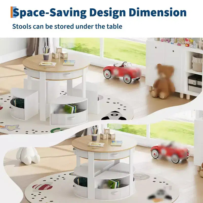 Set Tavolo e Sedie per Bambini, Tavolo Tondo per Attività con 4 Sgabelli Contenitore, Scrivania Nido Salvaspazio per Artigianato, Disegno, Lettura, Bambini e Bambine dai 3 Anni in su