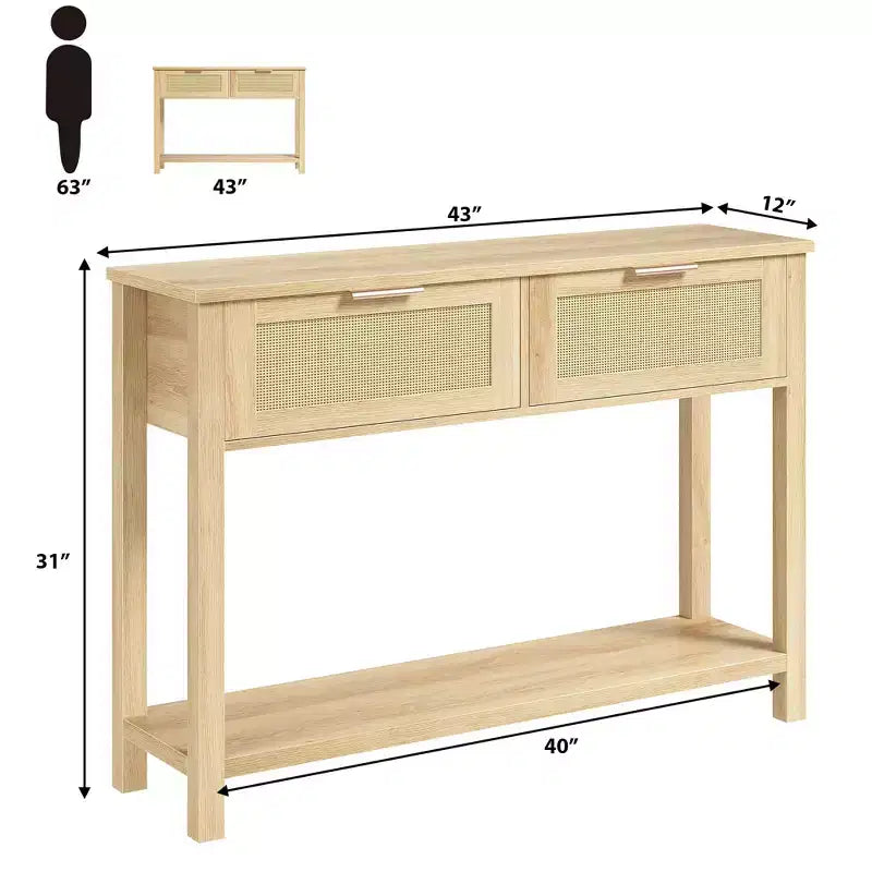 Consolle in Rattan con 2 Cassetti e 2 Ripiani - Tavolo da Ingresso per Divano in Rovere Caramello Riciclato, Tavolo da Corridoio per Foyer con Spazio Contenitore