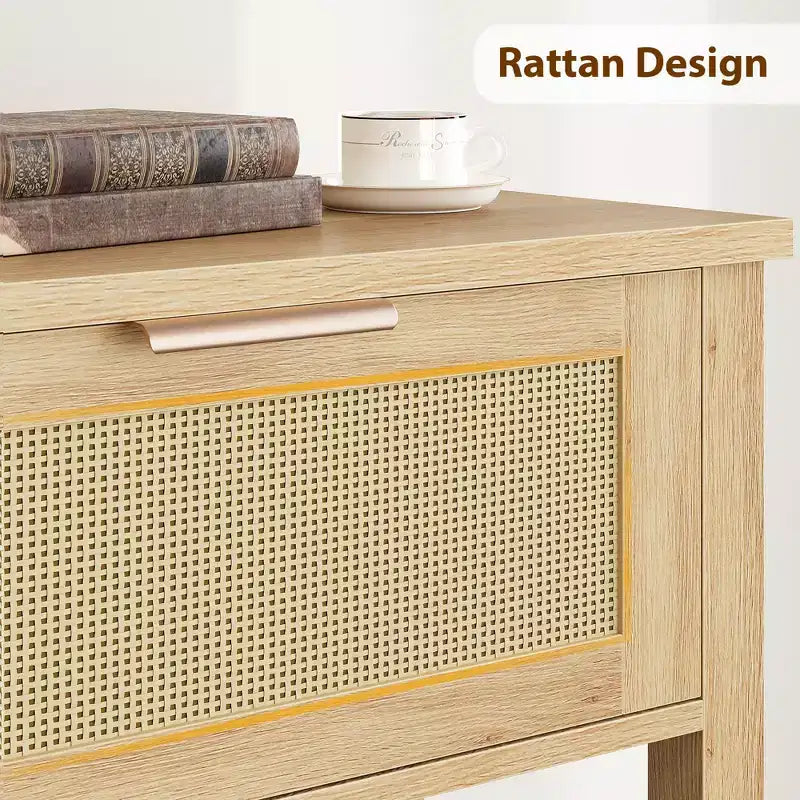 Consolle in Rattan con 2 Cassetti e 2 Ripiani - Tavolo da Ingresso per Divano in Rovere Caramello Riciclato, Tavolo da Corridoio per Foyer con Spazio Contenitore