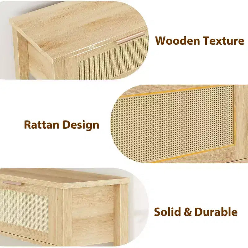 Consolle in Rattan con 2 Cassetti e 2 Ripiani - Tavolo da Ingresso per Divano in Rovere Caramello Riciclato, Tavolo da Corridoio per Foyer con Spazio Contenitore