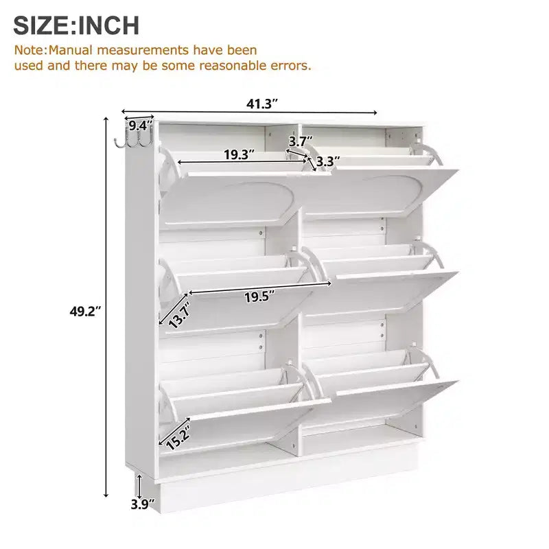 VIYET 49 Scarpiera sottile in stile crema, organizer in MDF bianco con 6 cassetti a ribalta e 3 ganci argentati (ripiani regolabili)