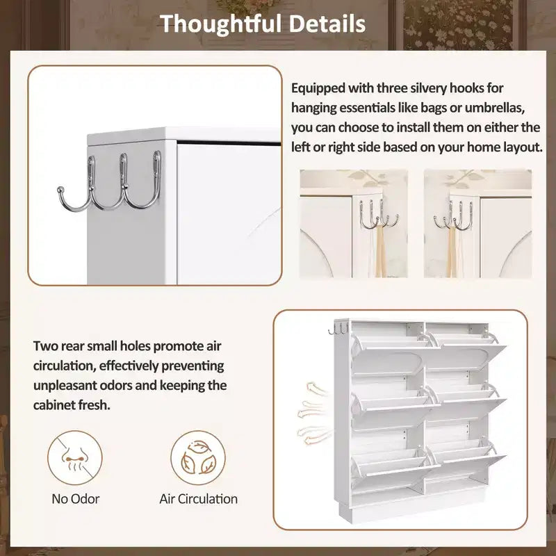 VIYET 49 Scarpiera sottile in stile crema, organizer in MDF bianco con 6 cassetti a ribalta e 3 ganci argentati (ripiani regolabili)