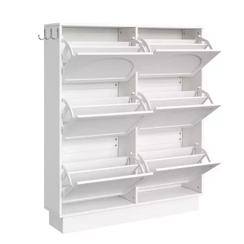 VIYET 49 Scarpiera sottile in stile crema, organizer in MDF bianco con 6 cassetti a ribalta e 3 ganci argentati (ripiani regolabili)