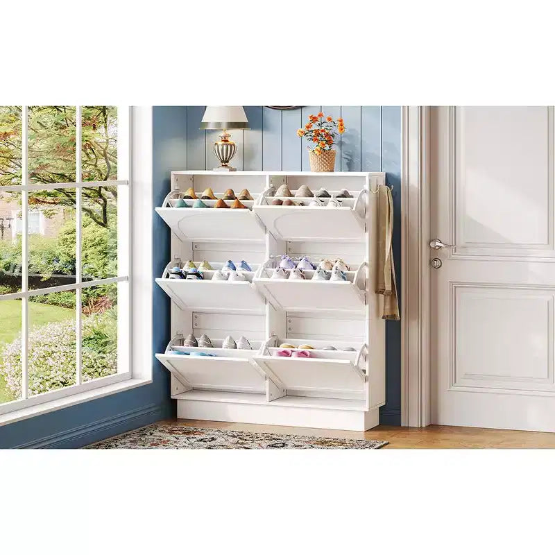 VIYET 49 Scarpiera sottile in stile crema, organizer in MDF bianco con 6 cassetti a ribalta e 3 ganci argentati (ripiani regolabili)
