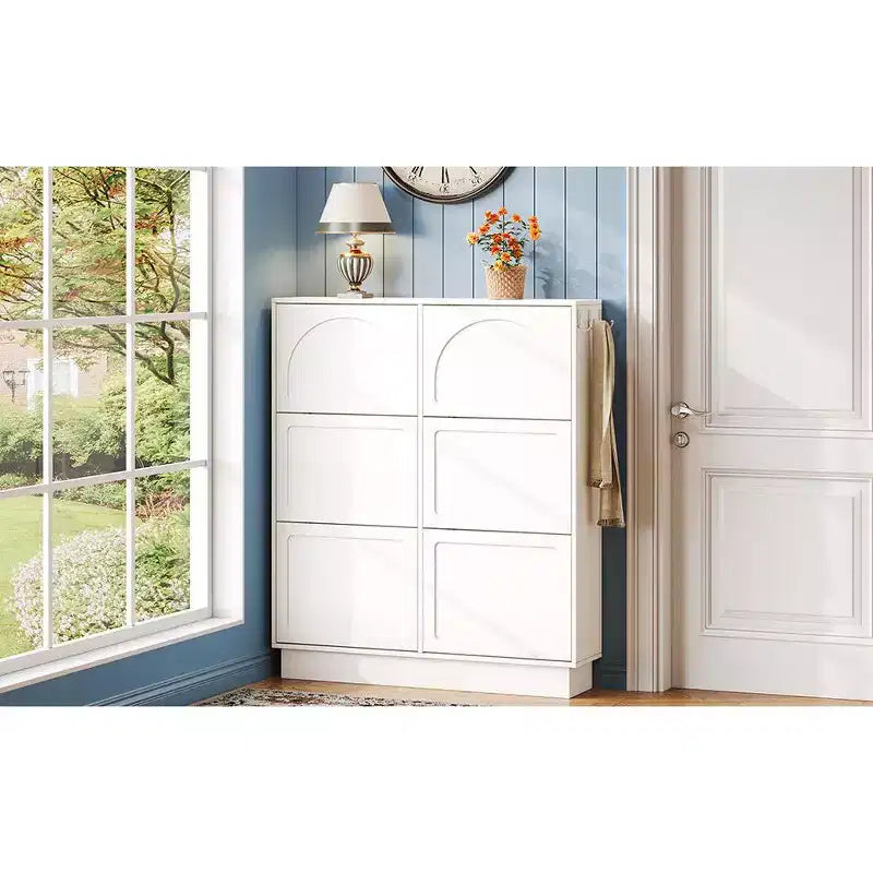 VIYET 49 Scarpiera sottile in stile crema, organizer in MDF bianco con 6 cassetti a ribalta e 3 ganci argentati (ripiani regolabili)