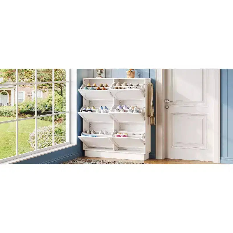 VIYET 49 Scarpiera sottile in stile crema, organizer in MDF bianco con 6 cassetti a ribalta e 3 ganci argentati (ripiani regolabili)