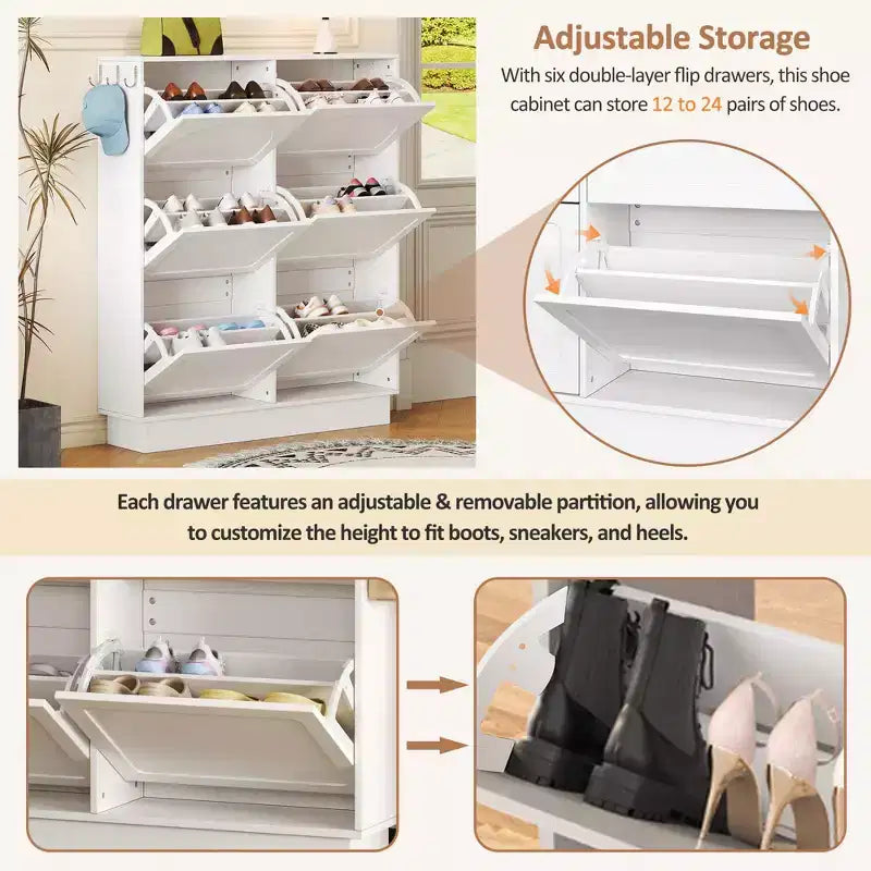 VIYET 49 Scarpiera sottile in stile crema, organizer in MDF bianco con 6 cassetti a ribalta e 3 ganci argentati (ripiani regolabili)