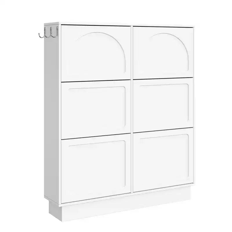 VIYET 49 Scarpiera sottile in stile crema, organizer in MDF bianco con 6 cassetti a ribalta e 3 ganci argentati (ripiani regolabili)