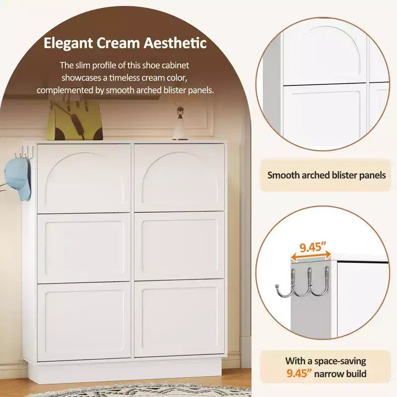 VIYET 49 Scarpiera sottile in stile crema, organizer in MDF bianco con 6 cassetti a ribalta e 3 ganci argentati (ripiani regolabili)