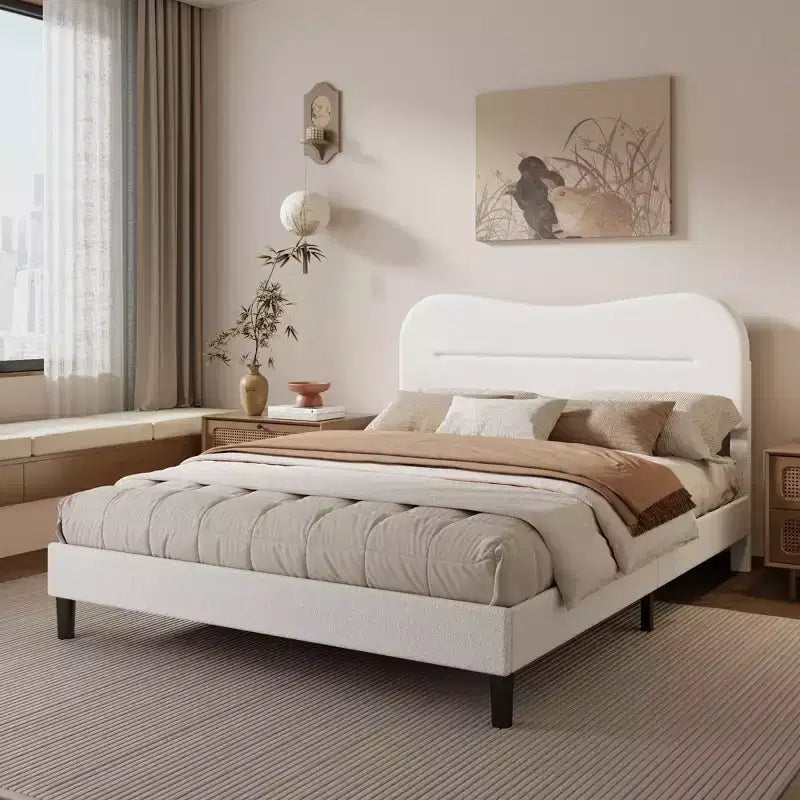 Struttura letto imbottita queen-size White Queen Size in Teddy Bouclé Morbida testiera Cloud Design Marshmallow Moderno Nessuna molla necessaria Supporto silenzioso