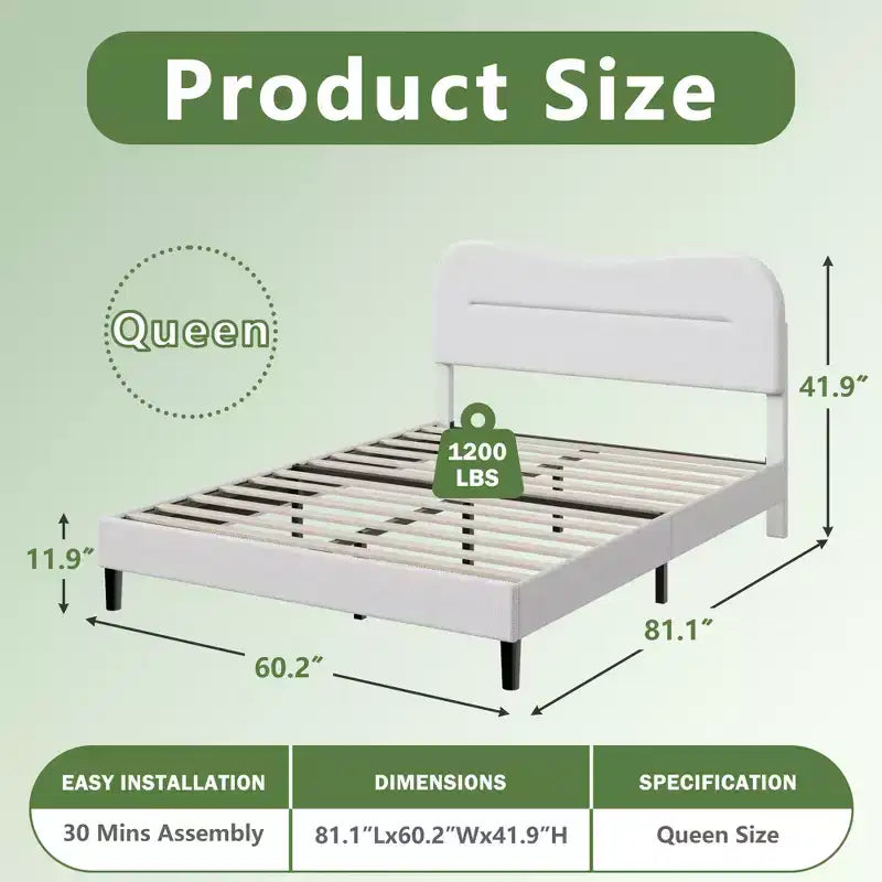 Struttura letto imbottita queen-size White Queen Size in Teddy Bouclé Morbida testiera Cloud Design Marshmallow Moderno Nessuna molla necessaria Supporto silenzioso