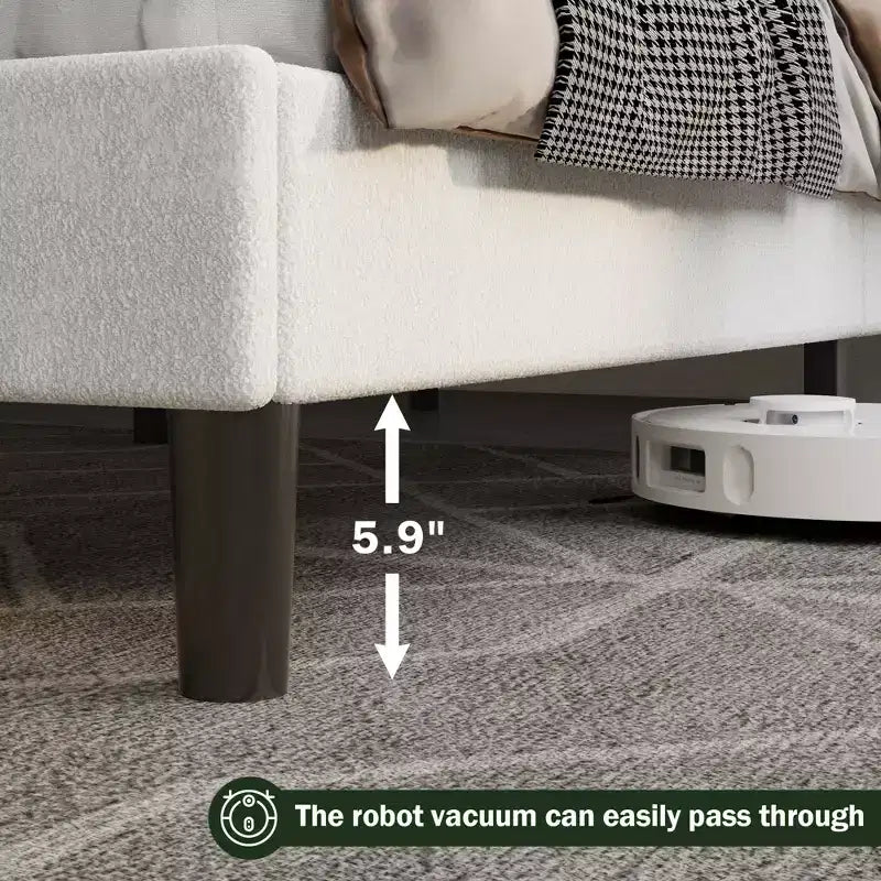 Struttura letto imbottita queen-size White Queen Size in Teddy Bouclé Morbida testiera Cloud Design Marshmallow Moderno Nessuna molla necessaria Supporto silenzioso
