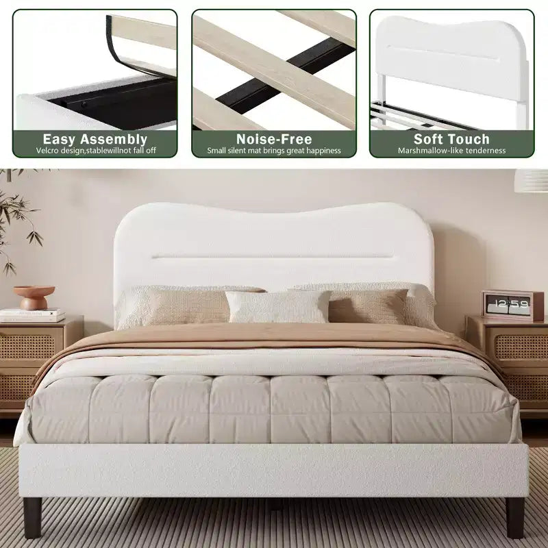 Struttura letto imbottita queen-size White Queen Size in Teddy Bouclé Morbida testiera Cloud Design Marshmallow Moderno Nessuna molla necessaria Supporto silenzioso